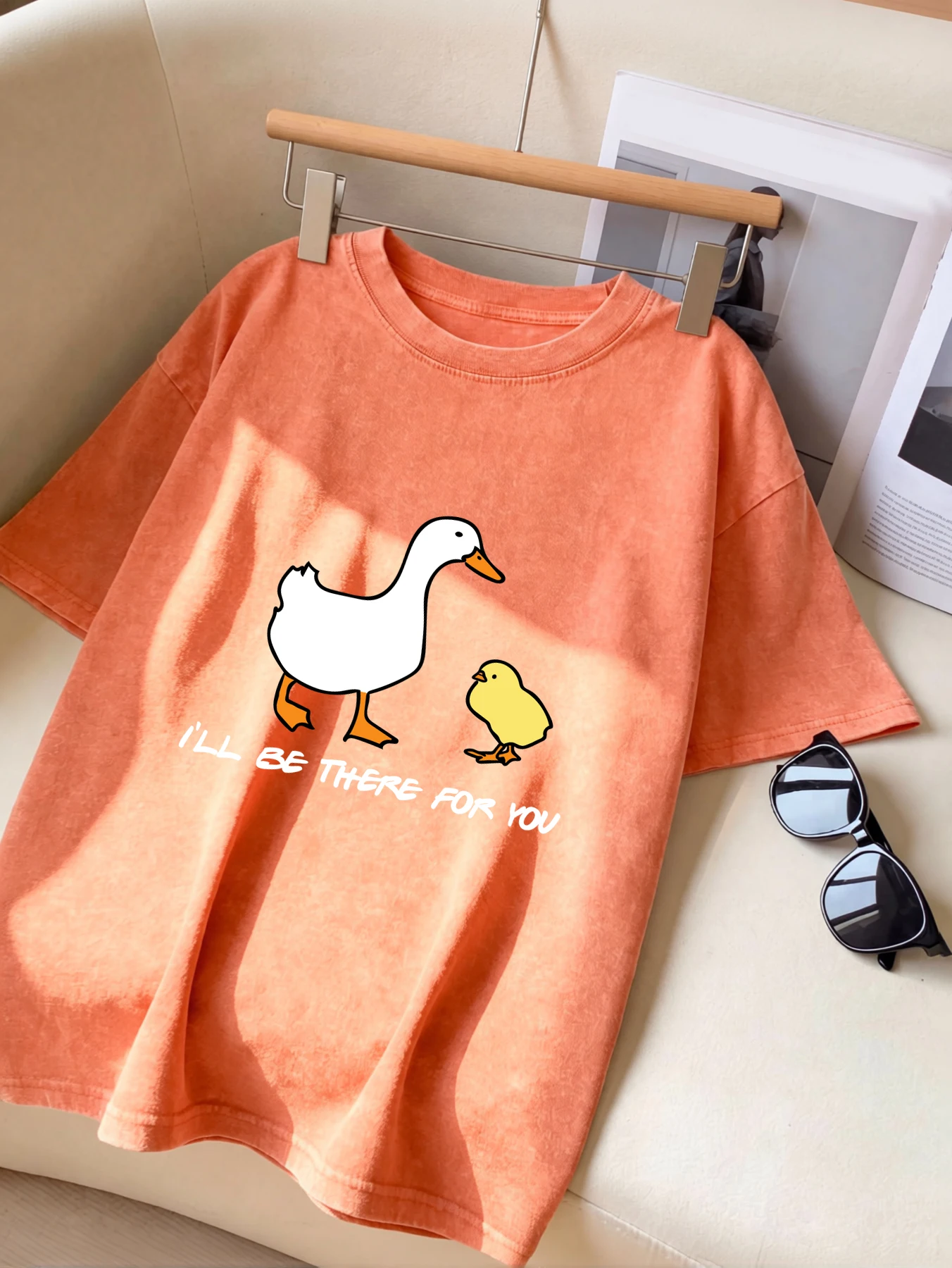Goose Will Be There For You Print Snow Wash Man T-Shirt Summer Cotton Retro Tee Fashion Short Sleeve Unisex Loose O-Neck Top