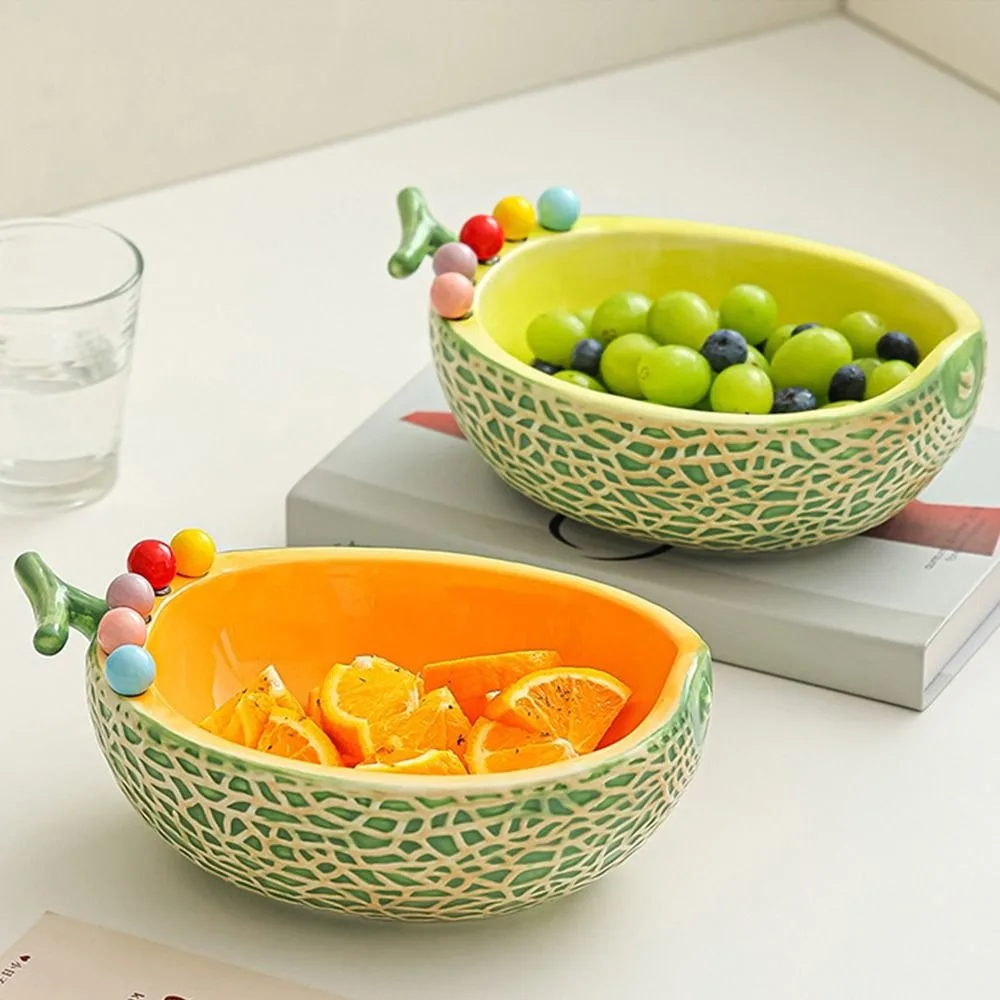 Ceramics Fruit Bowl with Fork Hami Melon Shape Large Capacity Fruit Serving Plate Comfortable Grip Reusable