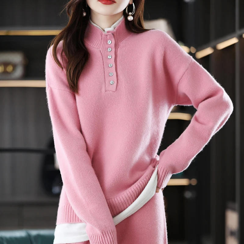 New 2023 Ladies Cashmere Suit Half Turtleneck Loose Sweater Solid Color Knit Casual Wide Leg Pants 100% Pure Wool Two Piece Set