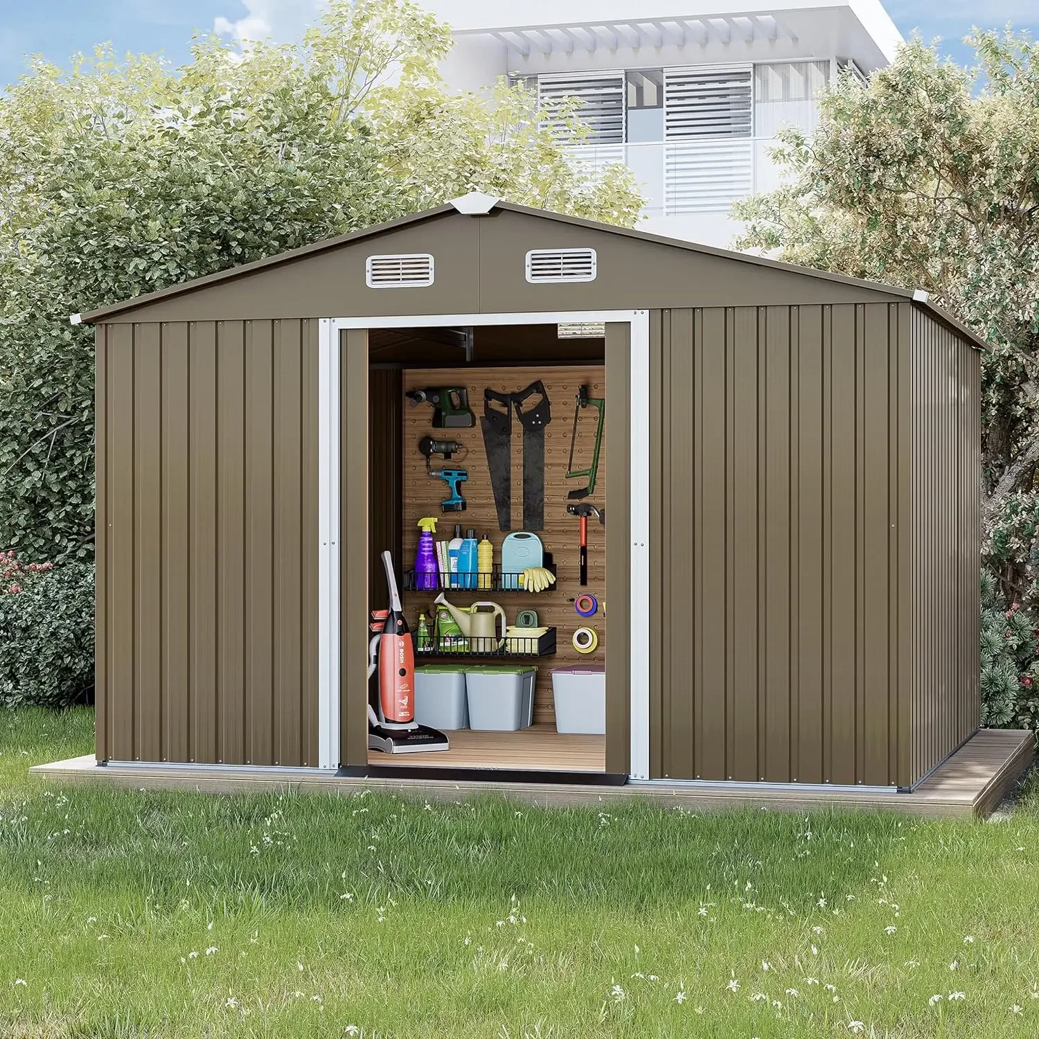 

Outdoor Storage Shed Waterproof, Large Garden Tool Shed with Lockable Sliding Door and Air Vents, Shed Storage House, Metal