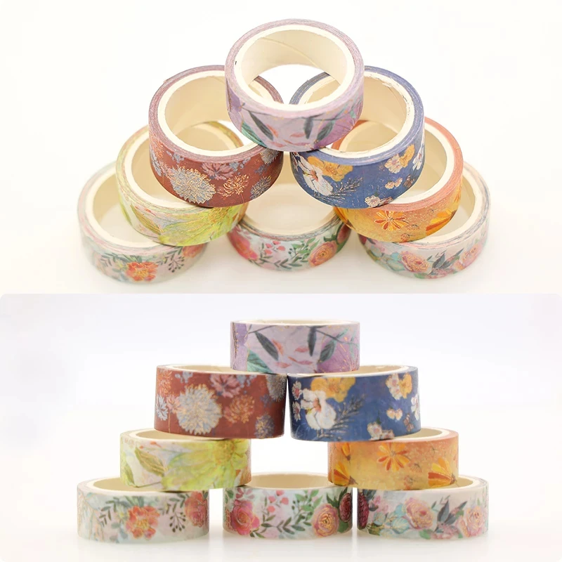 

8pcs Gold Foil Flower Washi Tapes Set 15mm 20mm Blooming Rose Daisy Adhesive Masking Tapes for Diary Album Decoration F7179