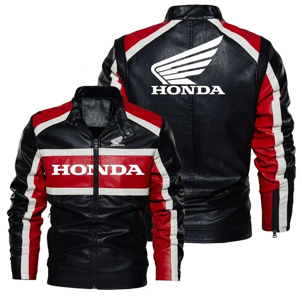 Honda Leather Jacket, High Neck, Zipper Design, Contrasting Colors, Motorcycle Windproof Leather Jacket, Men's Clothing