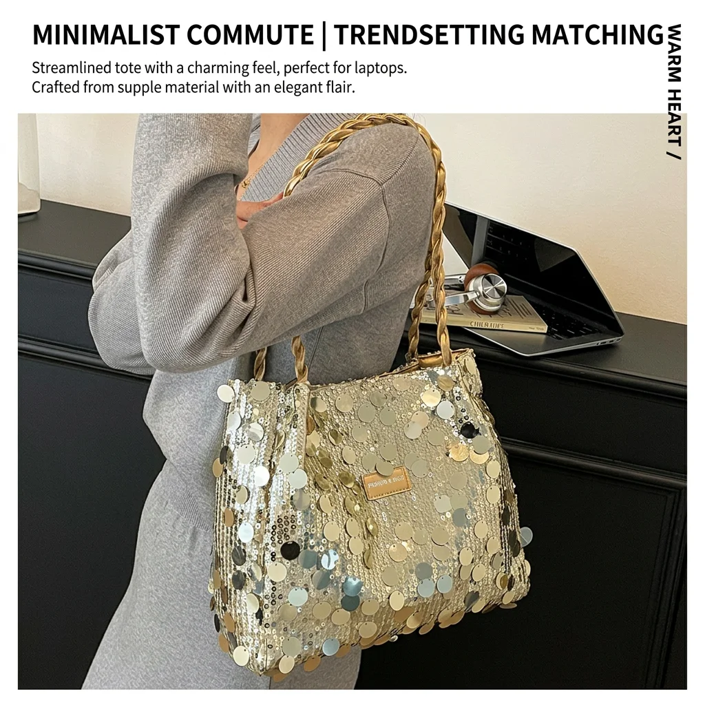 Top-Handle Handbag Versatile Sequined Shoulder Handbag Underarm Bag Magnetic Closure Women'S Glitter Bag For Daily Commuting