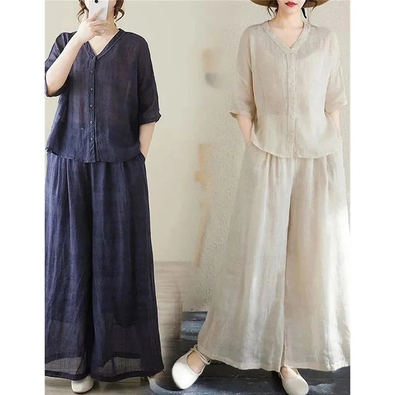 

Korean Lady Fashion Cardigan Top Pantalons Suit Summer Women Large Size 5XL Pant Two-piece Set Femme V Neck Casual Trousers 2PCS