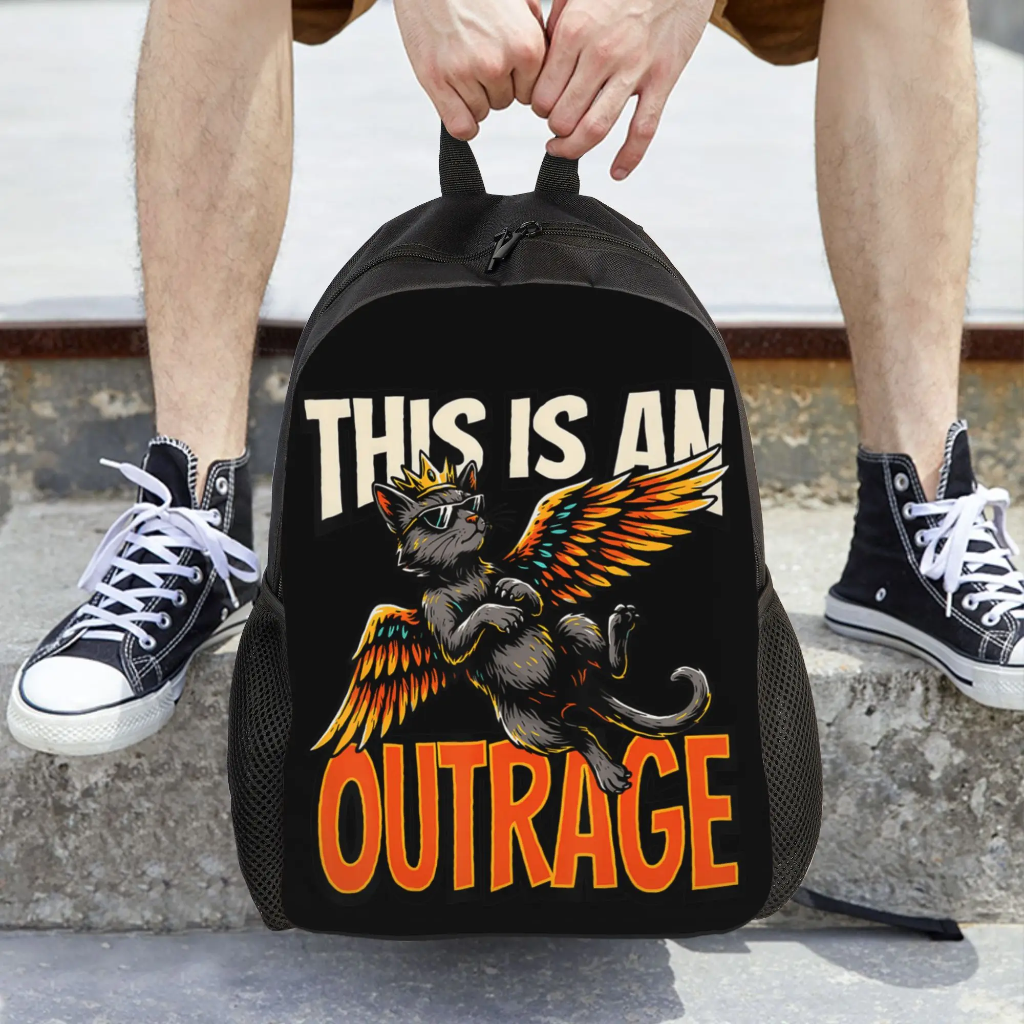 This is an Outrage Funny Princess Cat Goddammit Donut Gold Backpack  Outdoor Backpacks Girl Custom Big School Bags Cute Rucksack