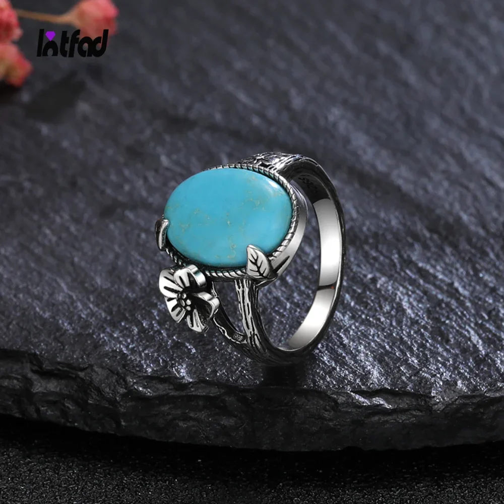 

Natural 10*14mm Turquoise Ring 925 Sterling Silver Rings for Women Vintage Leaf Sun Flower Finger Ring Luxury Fine Jewelry Gift