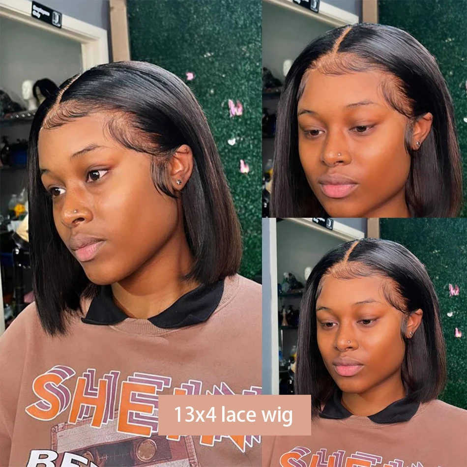 Wig Lurus Bob Pendek 100% Rambut Manusia 13X4 Wig Renda Depan Transparan dengan Kepadatan 200 Pra Pencabutan 4X4 Wig Renda Depan 12 14 Inci
