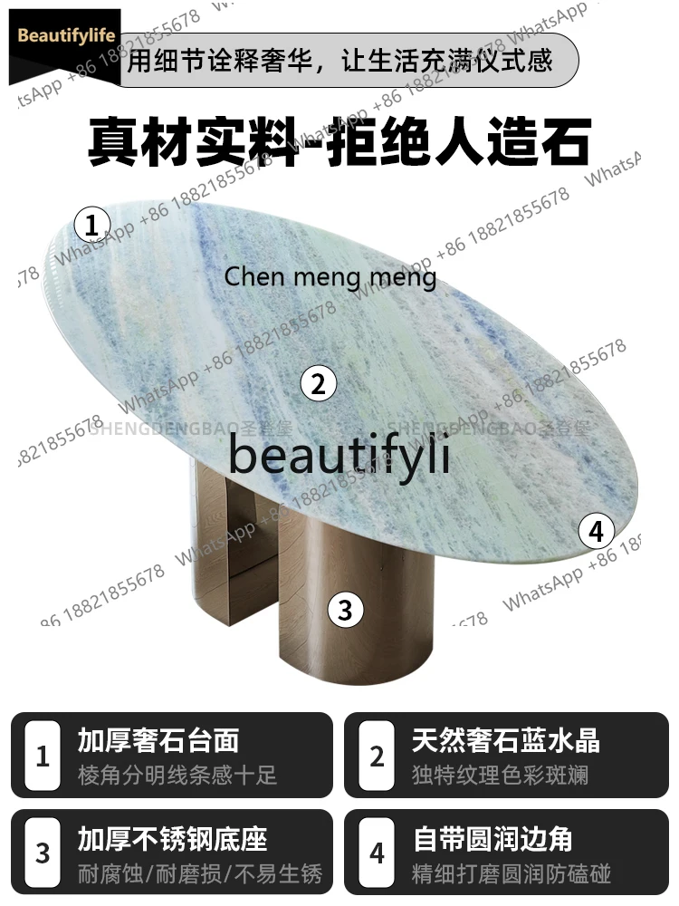 

GG Blue Crystal Luxury Stone Dining Table Translucent Italian Style Light Luxury Pure Natural Marble Oval Table