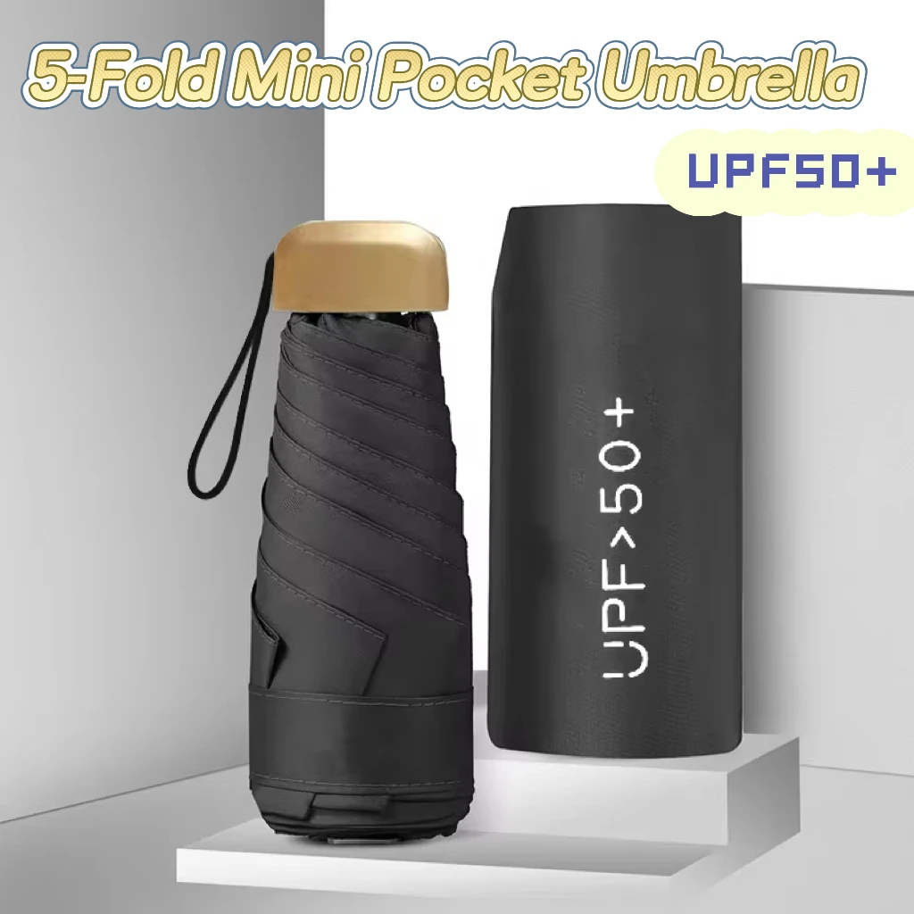 5 Fold Mini Pocket Umbrella Ultra Light Women Dual Purpose Vinyl UV Protection Sun Rain Capsule Design for Travel Outdoor Use