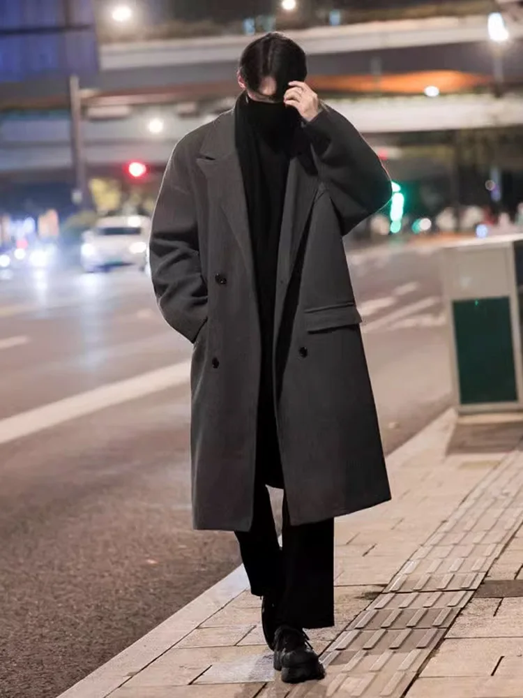 

ay Woolen Coat Men's Autumn Winter Mid-Length Thi Korean Sle Aosphere High-End Feeling Woolen Coat Jaet