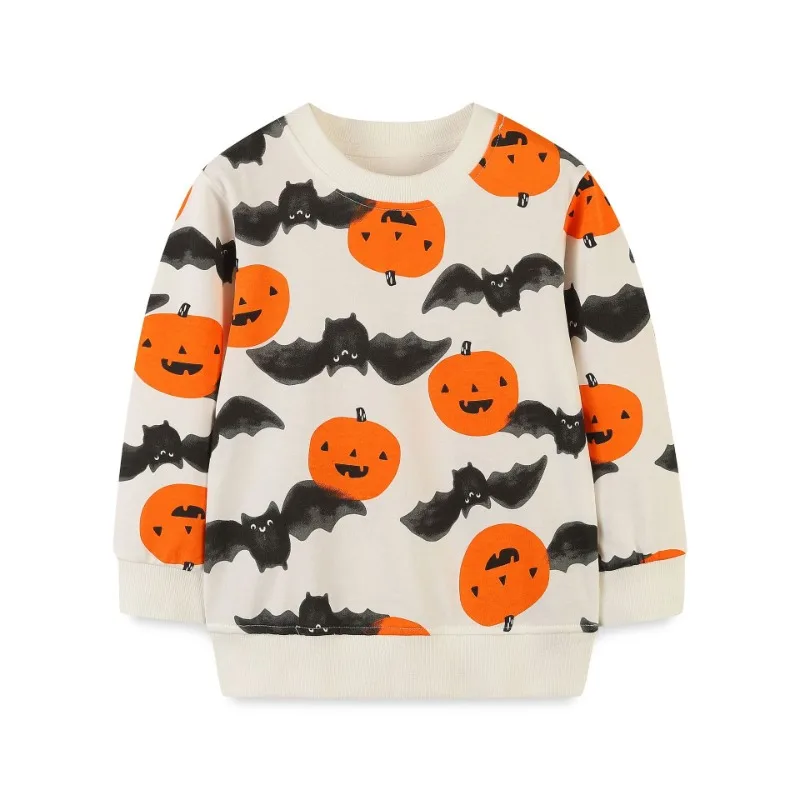 New Halloween Pumpkin Bat Print Pullover Children's Clothing Sweatshirt Cute Fashion Sweatshirts for Girls Sudaderas De Mujeres