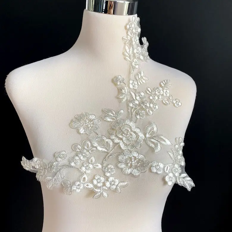 Exquisite Sterling Silver Bone Bright Silk Stocking Stitch Lace Flower Appliques for DIY Headscarf Material