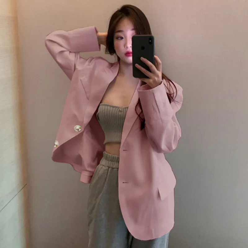 

Женский свободный повседневный розовый пиджак 2025 года, весна-осень, новый стиль, корейская версия, из утолщенного полиэстера, со складками