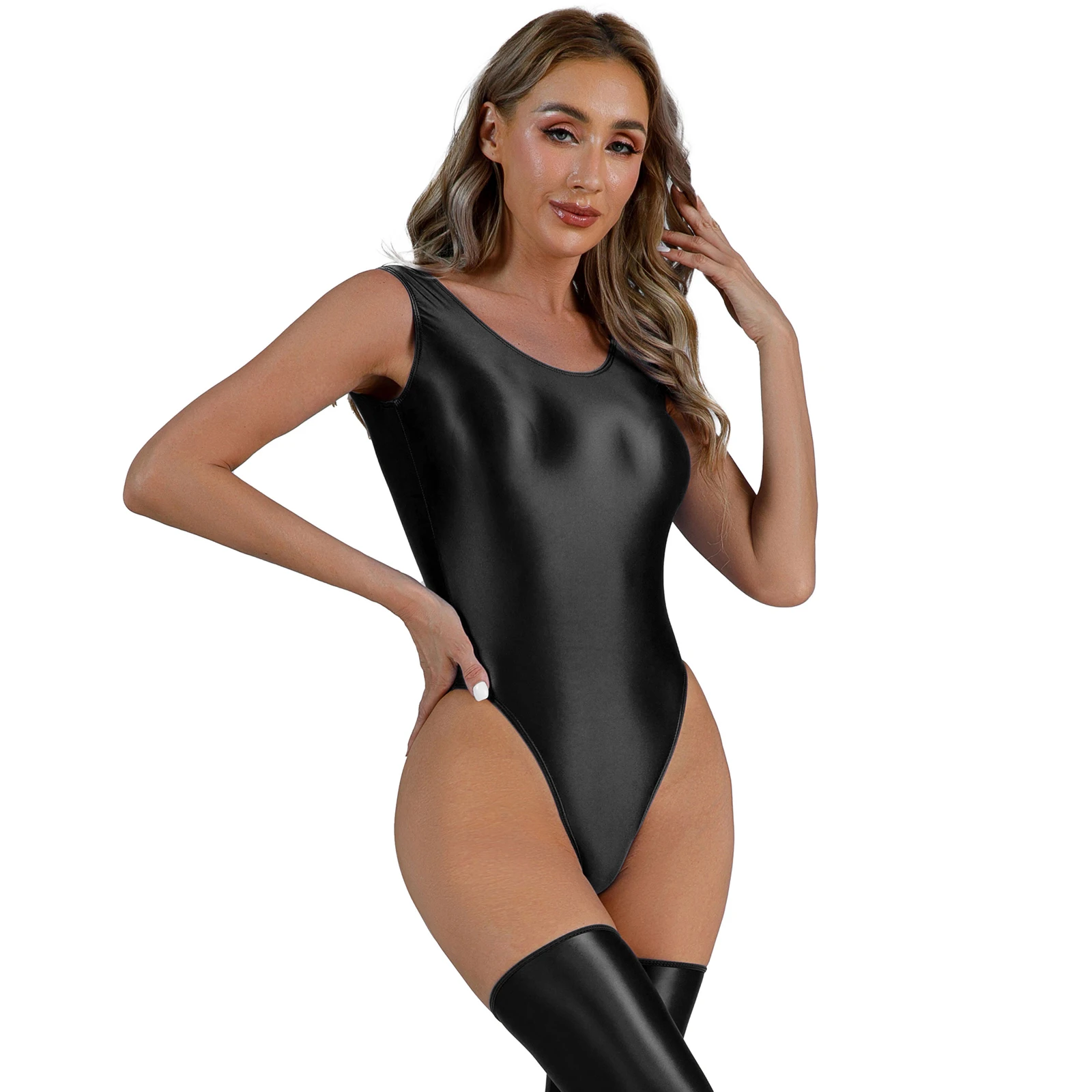 

Womens Glossy Backless Bodysuit Erotic Hot Porn Shaping Catsuit Shiny Latex Sheath Leotard for Sports Gymnastics Workout Dance