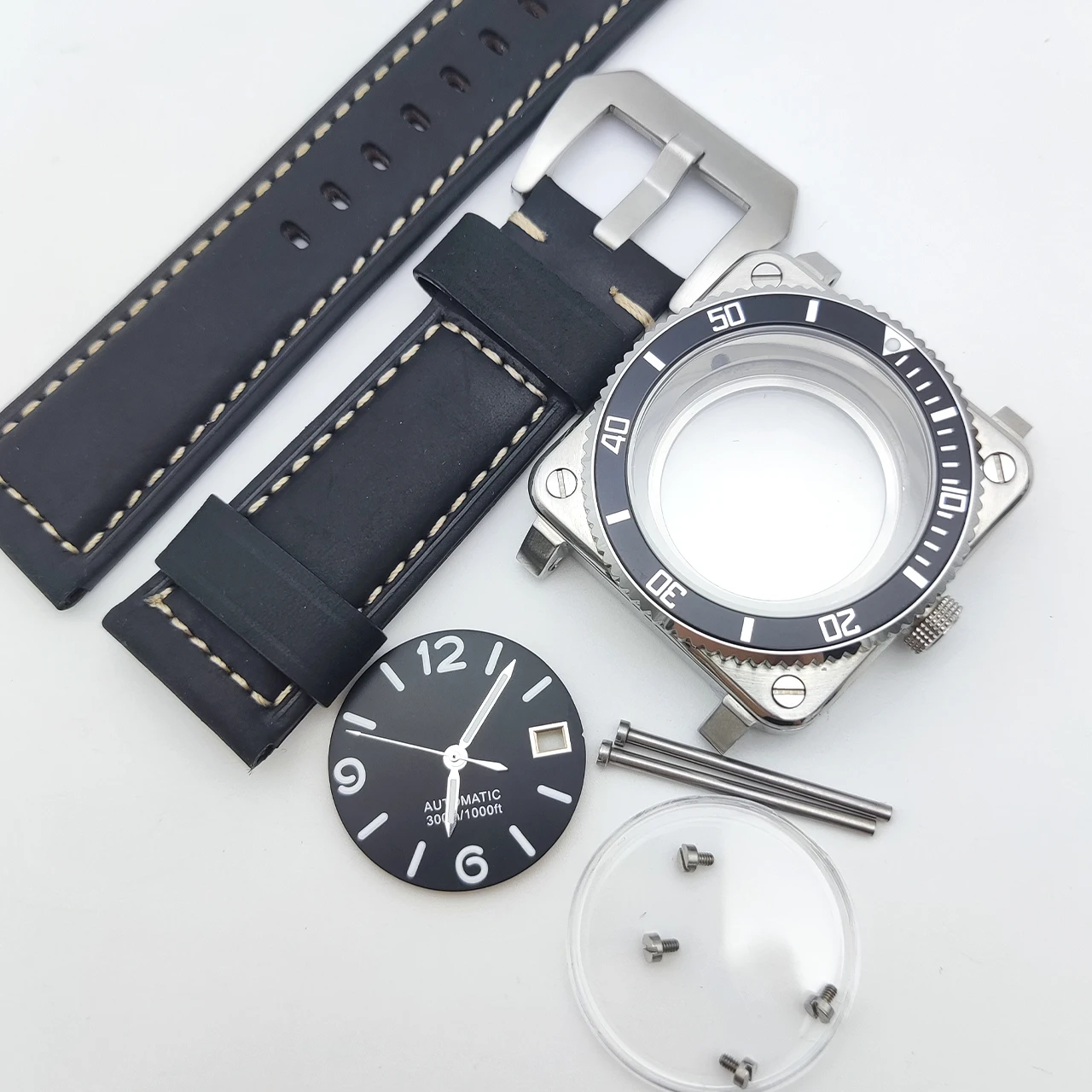 42mm Square NH35 Men's DIY Watch Set, Black Luminous Dial Hands Aluminum Bezel Sapphire Crystal Exhibition Back Leather Strap