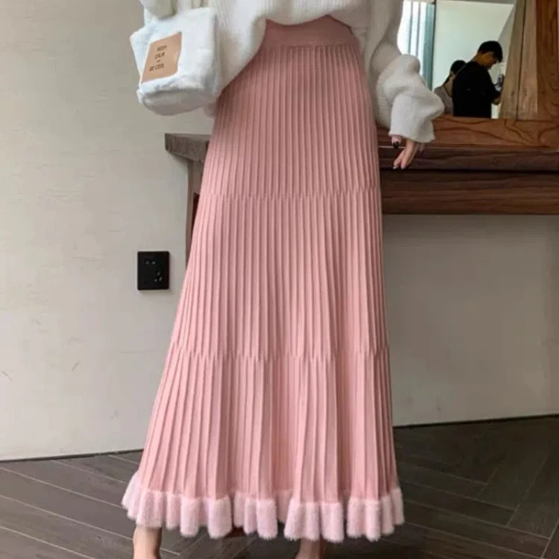 

Simplicity Office Lady Autumn/Winter Women's Solid Elastic High Waist Pleated Patchwork Fashion Mid-length A-line Knitted Skirt