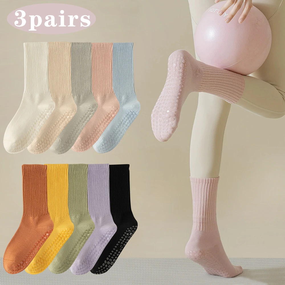 3 Pairs of Cotton Anti Slip Yoga Socks Medium Length Socks Solid Color Fitness Pilates Women\'s Sports Socks