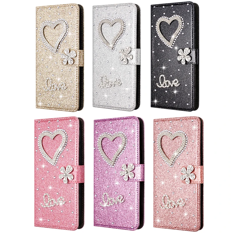 Love Wallet Flash Diamond Luxury Case Flip Glow Cover For iPhone 16 15 Plus 14 13 Pro Max 12 Mini 11 X XR XS Max 7 8