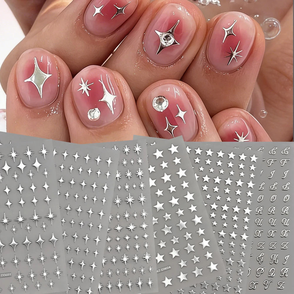 

6pcs/Set 3D Metallic Silver Star Nail Stickers Set Y2K Pentagram Stellar Spikes Design Nail Art Decals DIY Sweet Cool Manicure