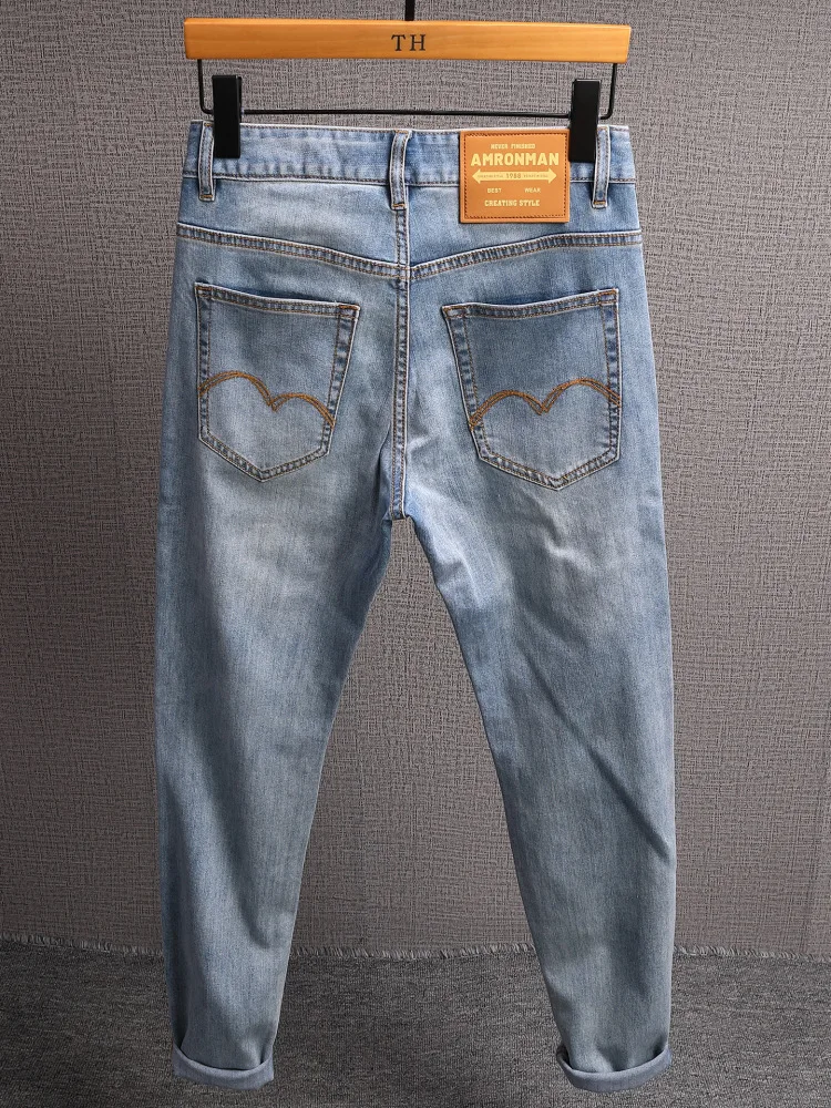 Высококачественные светлые джинсы, мужские летние тонкие мягкие эластичные тонкие маленькие повседневные брюки с прямыми штанинами