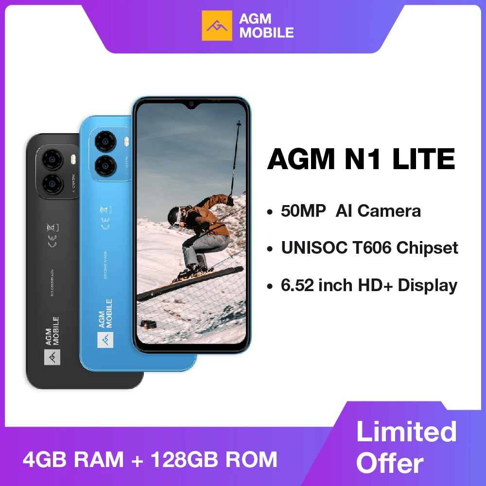 AGM Note N1 Lite Smartphone, 6.52 Inch, 90Hz IPS Display, 4GB RAM + 128GB Storage, 50MP AI Camera, 4900mAh Battery, Android 13