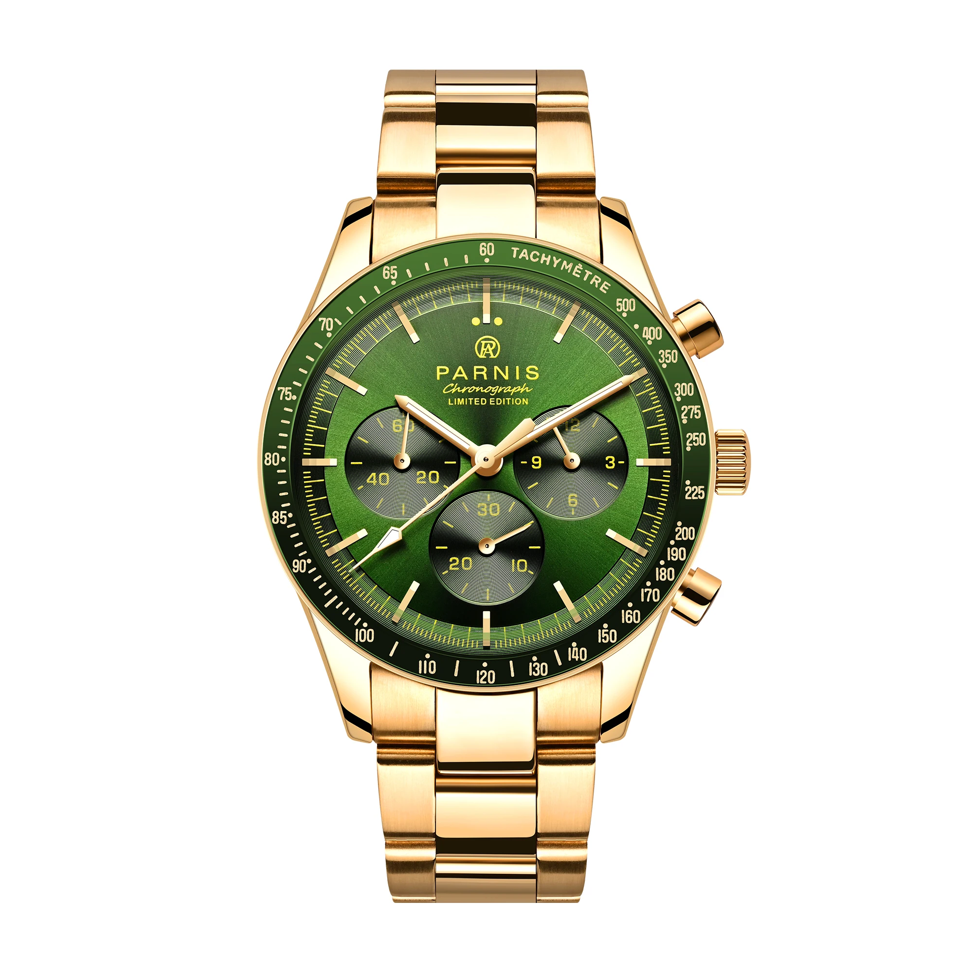 Fashion Parnis 40mm Green Dial Quartz Chronograph Men\'s Watch Stainless Steel Case Calendar Luxury Watches For Men reloj hombre