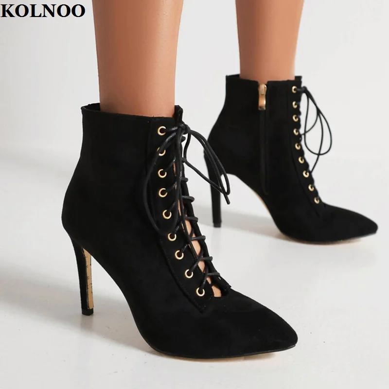 

Kolnoo New Handmade Hot Sales Ladies High Heels Ankle Boots Crisscross Shoelace Suede Leather Booties Evening Fashion Prom Shoes