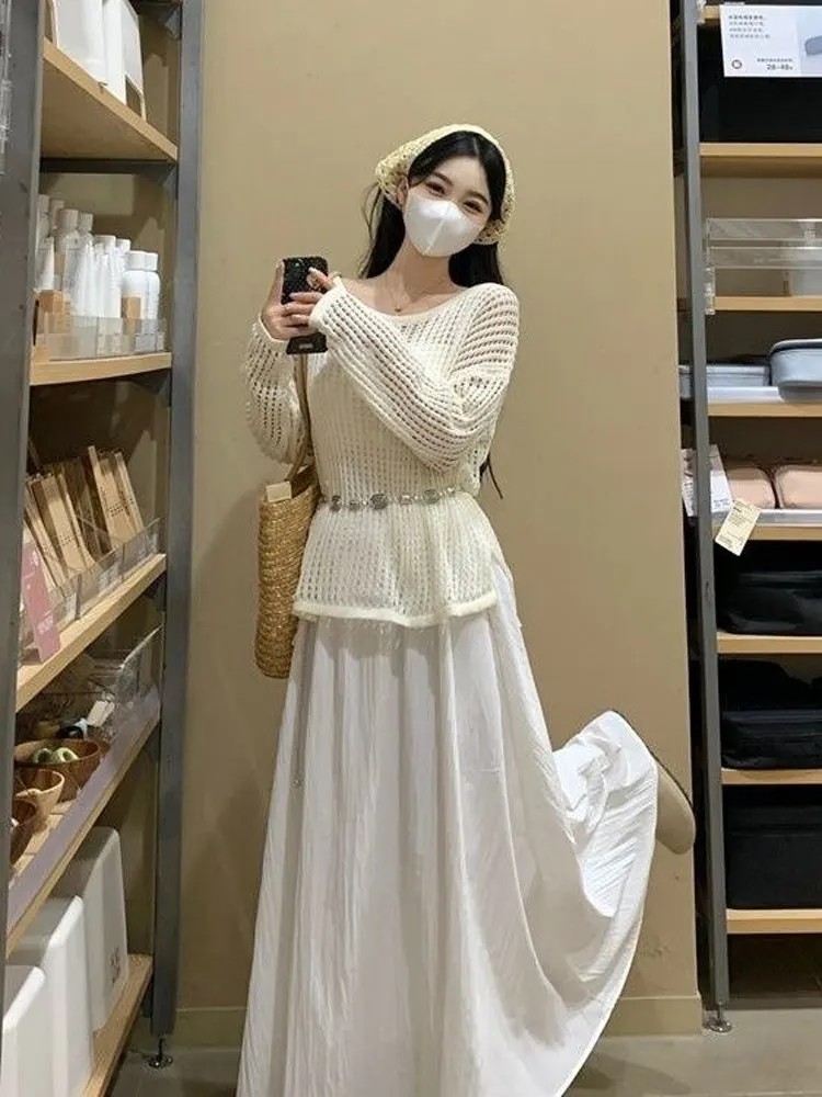 n Sle White Strapl Dr Outfit Summer Travel Set in due pezzi Gentle Korean Sle Long Sve round Ne Dr