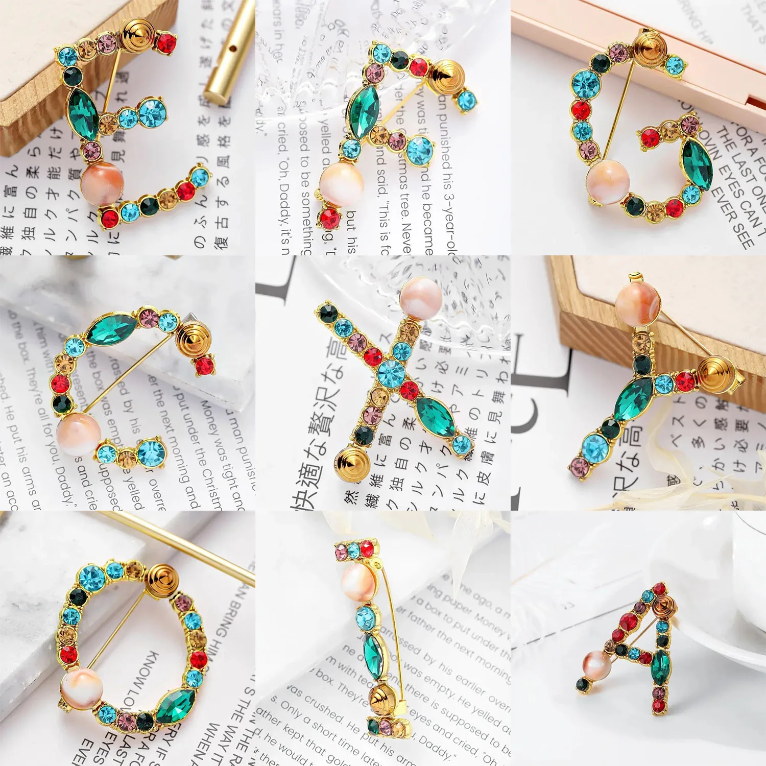 New Arrival English Letter Word Brooch Colorful Rhinestone Crystal Lapel Pins for Women Sweater Suit Party Jewelry Gifts