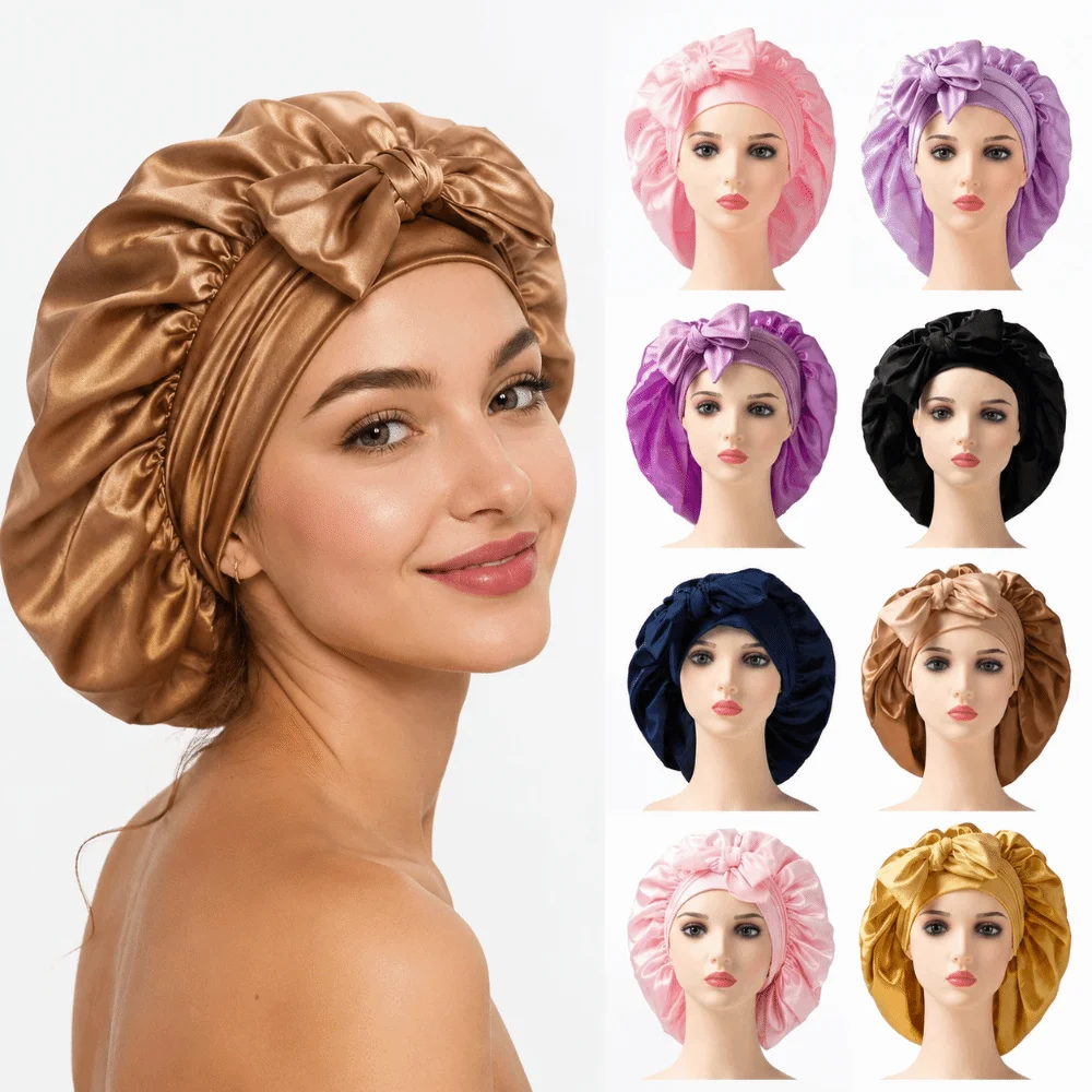 Satin Material Sleeping Bonnet Solid Color Adjustable Strap Night Sleep Cap Soft Wide Brim Design Hair Care Cap For Long Hair