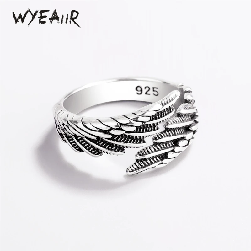 WYEAIIR 925 Sterling Silver Vintage Thai Silver Feather Wings Resizable Opening Ring For Women Luxury Jewelry