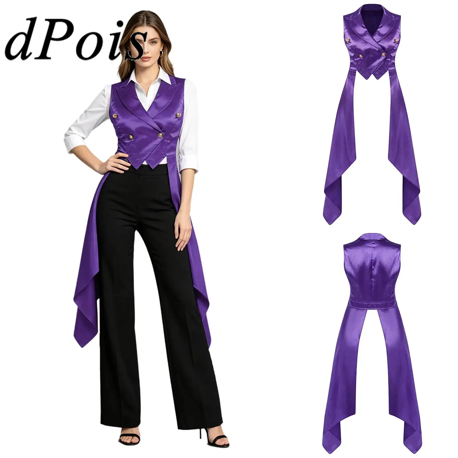 Women Renaissance Victorian Waistcoat Sleeveless Satin Tailcoat Lapel Collar Irregular Hem Vest Top for Halloween Masquerade