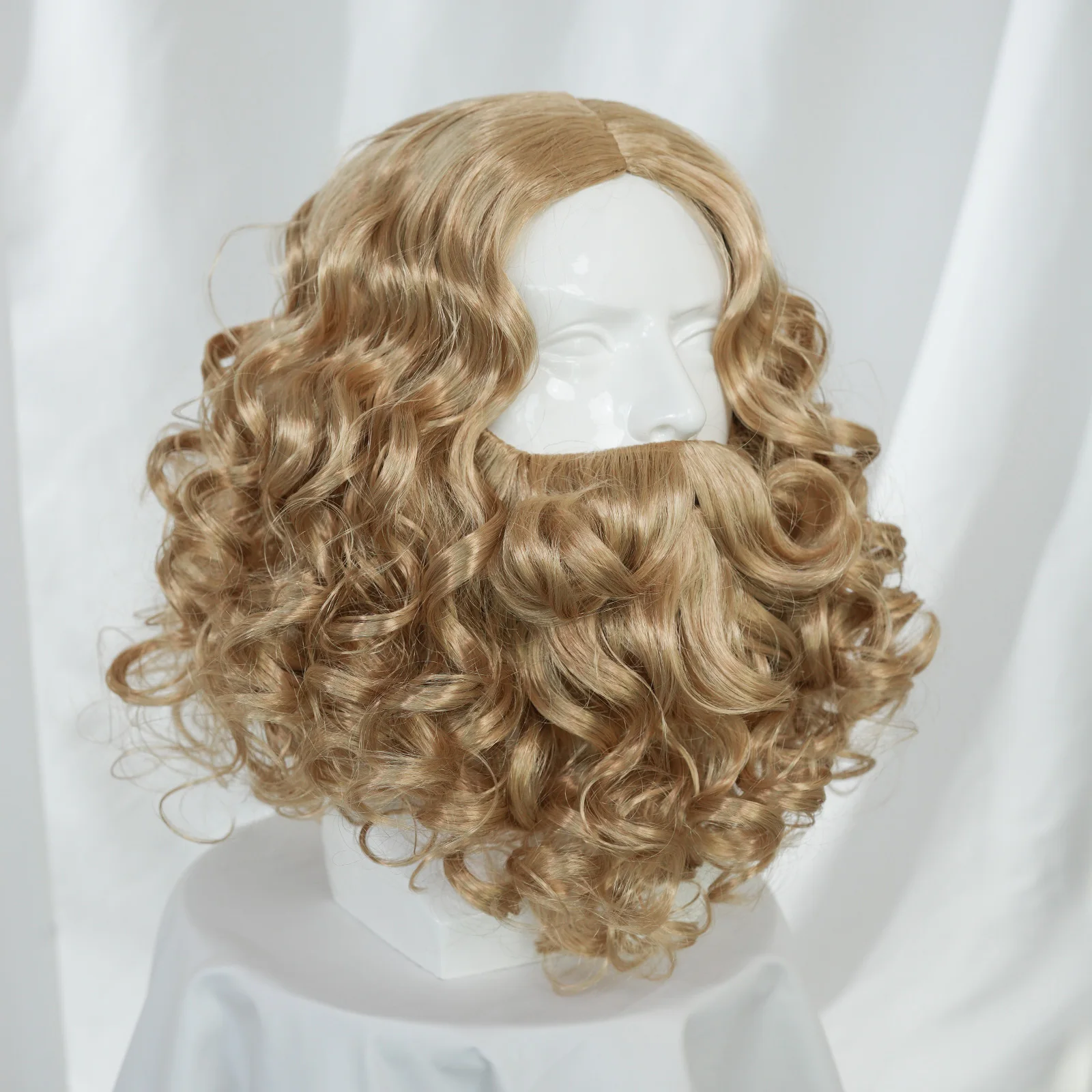 Syntetyczna peruka blond brązowa kręcona z brodą, idealna do cosplayu, peruka na Halloween dla mężczyzn, idealna dla Świętego Mikołaja, czarodzieja.