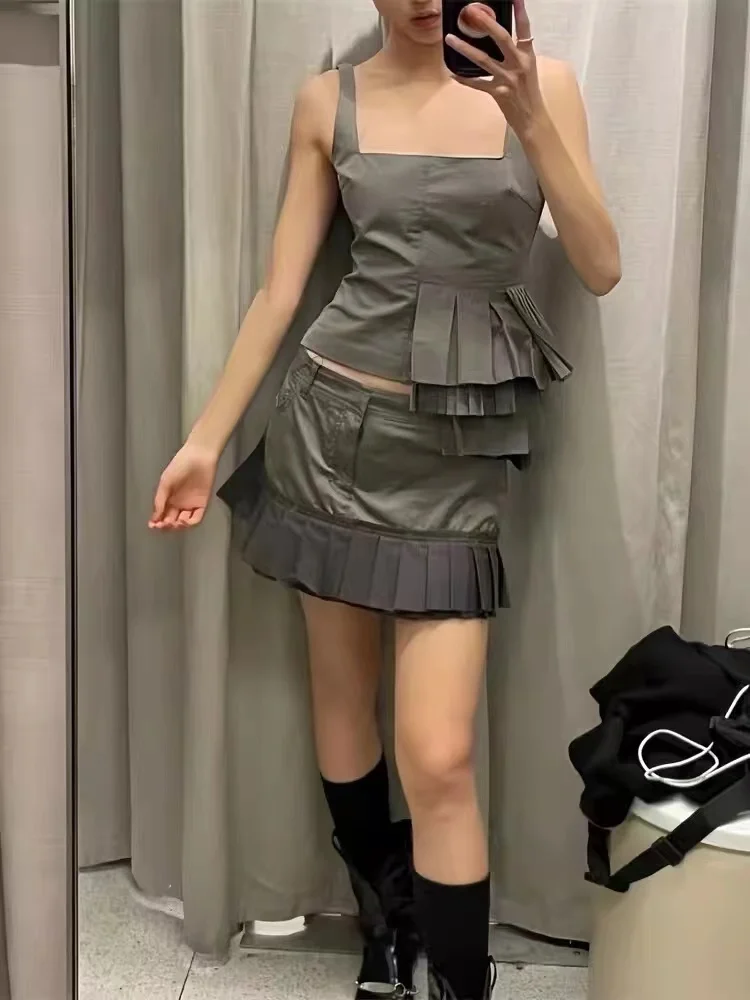 

2024 high-end suit spring and summer new hot girl stacked square collar camisole female high waist hip skirt