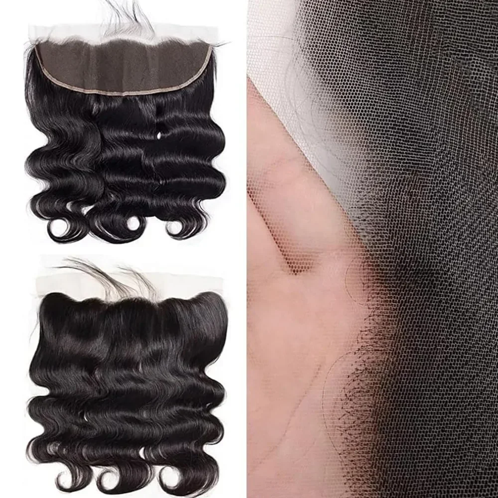 Cabello humano ondulado, 3 mechones con cierre Frontal de malla 13x4, extensiones de cabello humano virgen brasileño de encaje transparente con Frontal