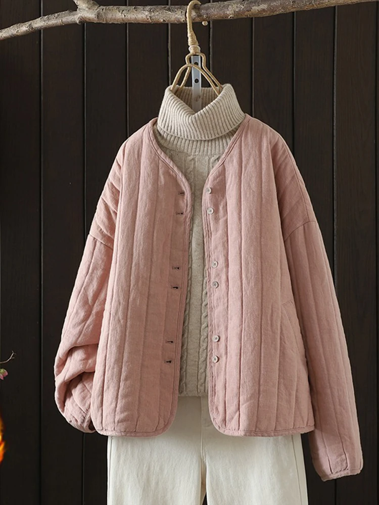 

Легкая хлопковая куртка на пуху, женская зимняя свободная повседневная универсальная хлопковая теплая верхняя одежда с v-образным вырезом на пуговицах