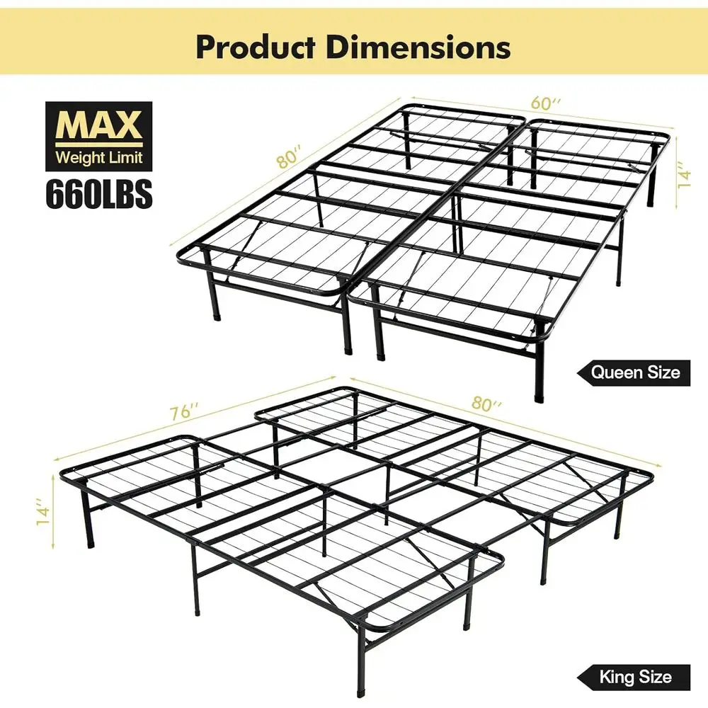 هيكل سرير بمنصة كوين/كينج مزدوجة الأغراض مع سرير ضيوف قابل للطي، 14 مرتفع، لا حاجة إلى صندوق زنبركي، سهل التجميع
