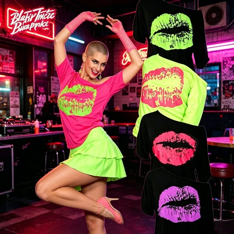 Retro Disco 80s Lip Print T-shirt with Loose Off The Shoulder Design Suitable for Ballroom Wear During 80s Celebrations view 5