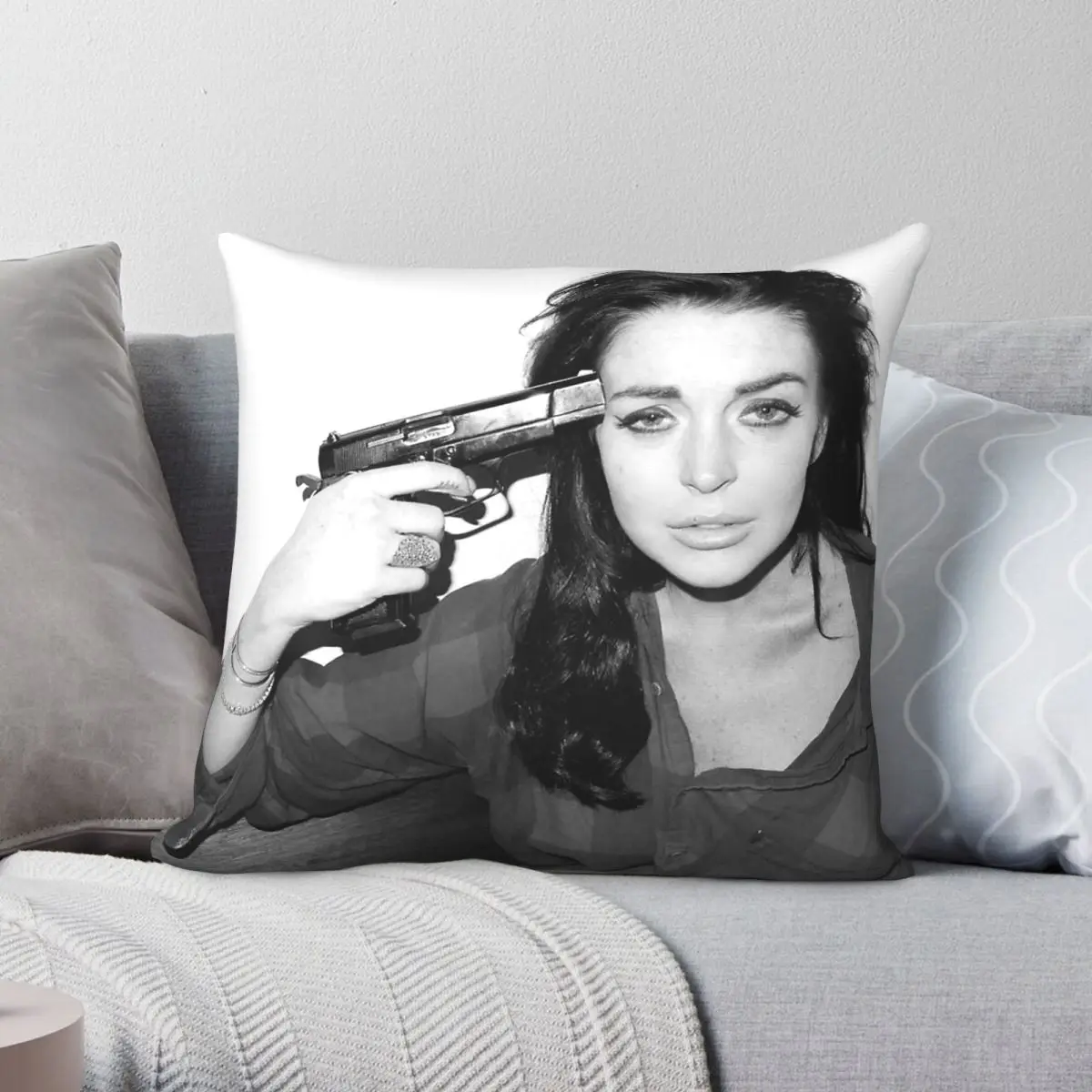 Lindsay Lohan Gun To Head Square Pillowcase Polyester Linen Velvet Creative Zip Decorative Bed Cushion Cover