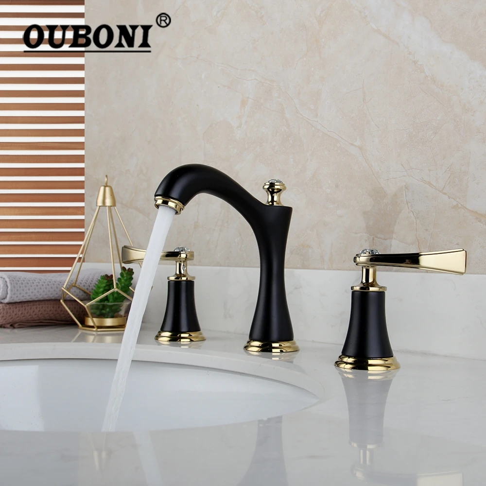 

OUBONI Matte Black Golden Bathroom Faucet Deck Mount Stream 2 Diamond Handles Chrome Brass 3 Pcs Bathtub Basin Mixer Tap Faucet