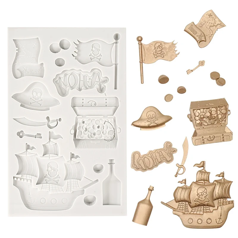 Skull Pirate Ship Silicone Mold DIY Chocolate Fondant Cake Mould Kids Birthday Party Cake Decorating Tool DIY Baking Accessories