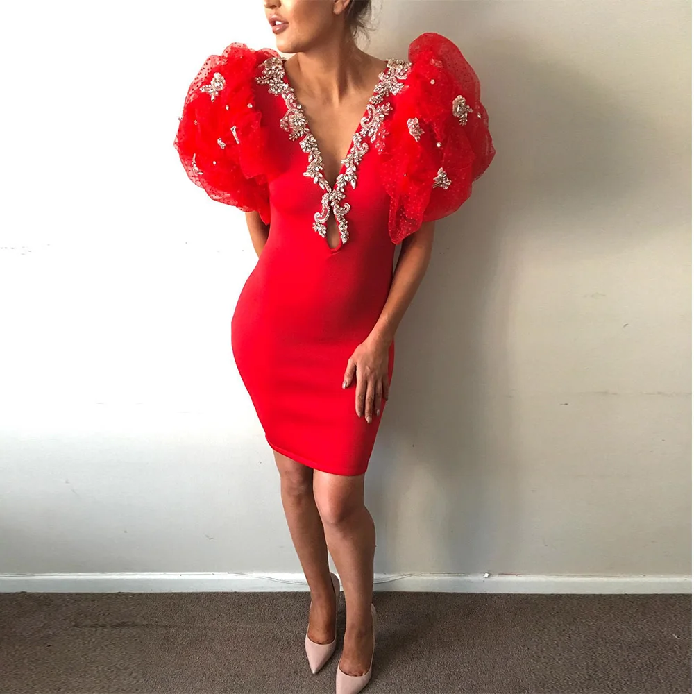 

Mini Short Red Cocktail Dress For Women Sheath Cocktail Gown Above Knee Length Tull Puff Sleeves Party Wedding Gown
