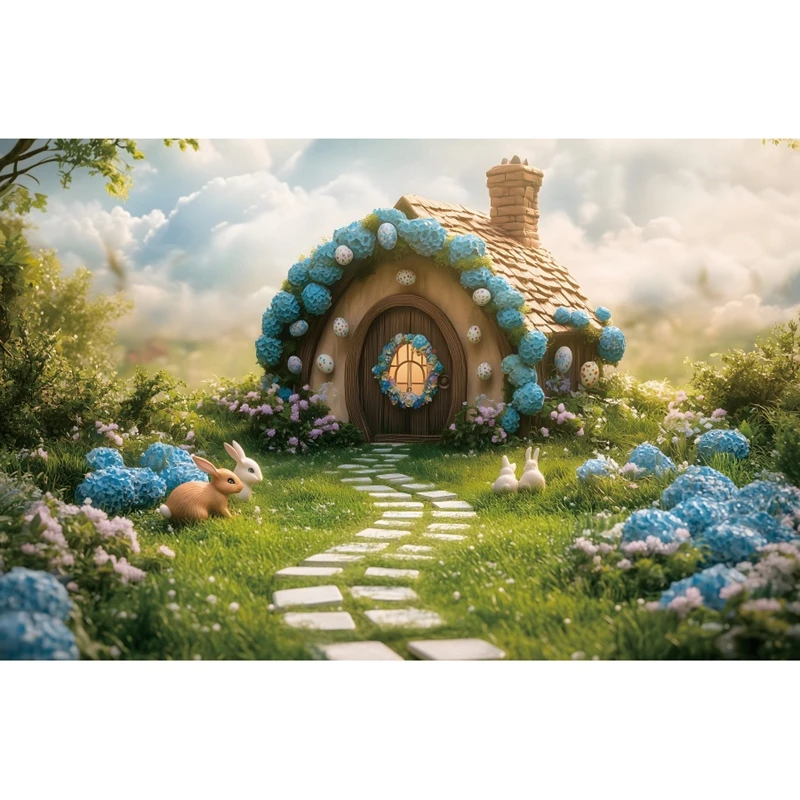 ربيع عيد الفصح خلفية التصوير الفوتوغرافي السماء الزرقاء الزهور بيض عيد الفصح أرنب الأرنب منزل خشبي عيد الفصح حزب الديكور الخلفيات