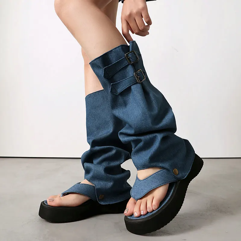 

Denim Jeans Folded Pleated Shaft Platform Flats Flip-Flops Big Size 44 45 Blue Summer Boots Shoes Western Cowboy Flat Sandals