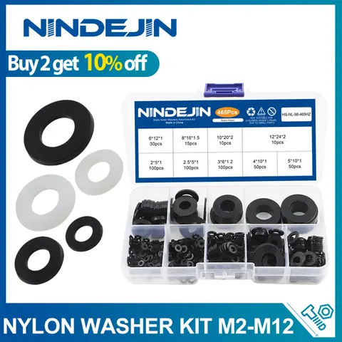NINDEJIN 465pcs Black White Nylon Washers Assortment Kit M2 M2.5 M3 M4 M5 M6 M8 M10 M12 M14 M16 Plastic Plain Flat Washer Set
