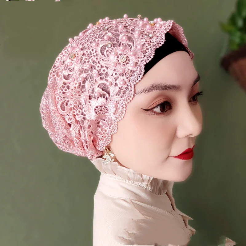 

Ethnic Lace Turban Hair Cover Hijab Cap for Women Soft Breathable Lady Head Wrap Scarf All Match Hair Cover Headscarf Accessory