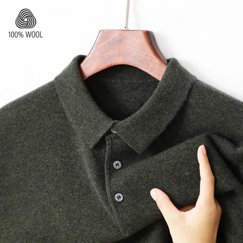 100% Wool. High-quality Men's Warm Sweater, Business Casual Stretchable POLO Shirt, Fall/winter Pullover Knitted Sweater.