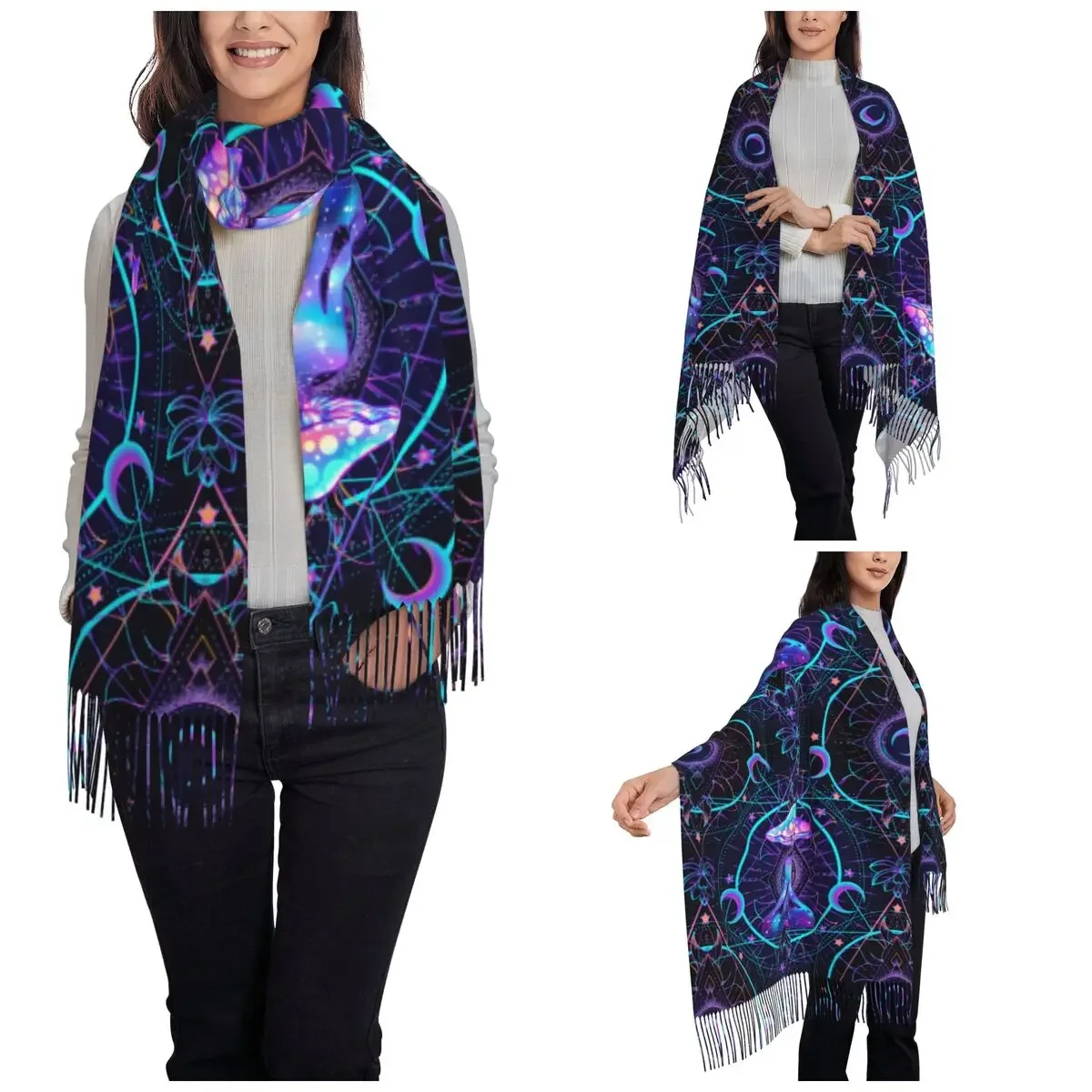 Women's Scarf with Tassel Illusory India Mandala Long Winter Fall Shawl Wrap Psychedelic Buddha Mushroom Zen Pashmina Scarves