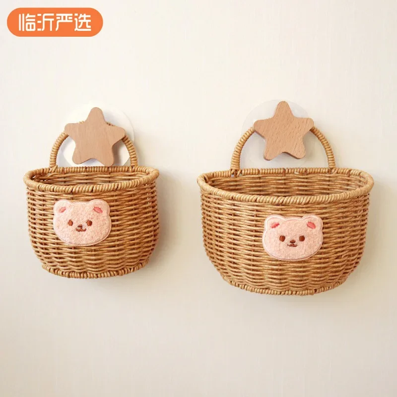 Creative Storage Basket Cartoon Bear Kitchen Plastic Vine Weaving Egg Ginger Garlic Storage Basket Wall Mounted Storage Box Hot