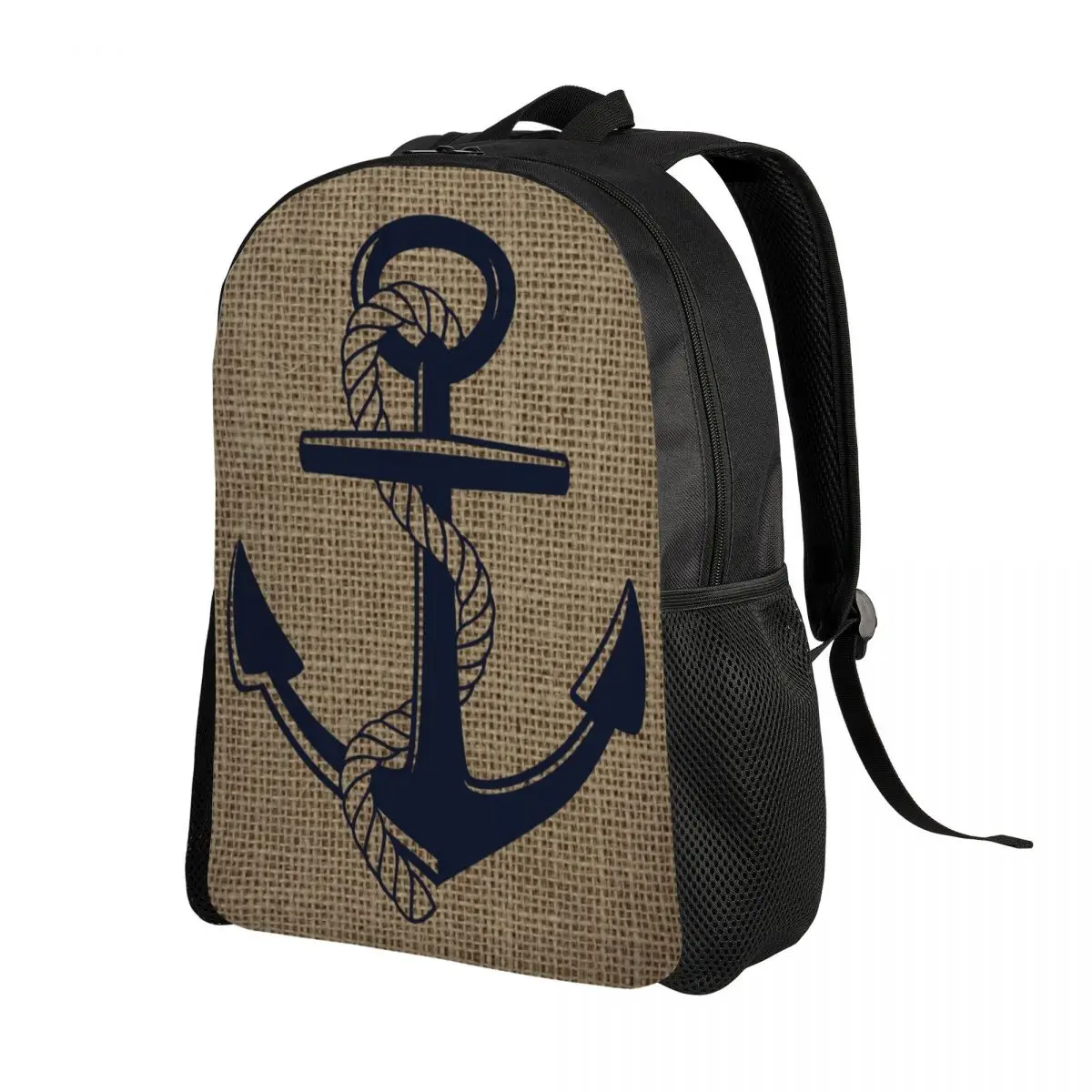 Nautical Burlap Anchor Graphic Backpacks for Boys Girls Navy Ocean School College Travel Bags Bookbag Fits 15 Inch Laptop